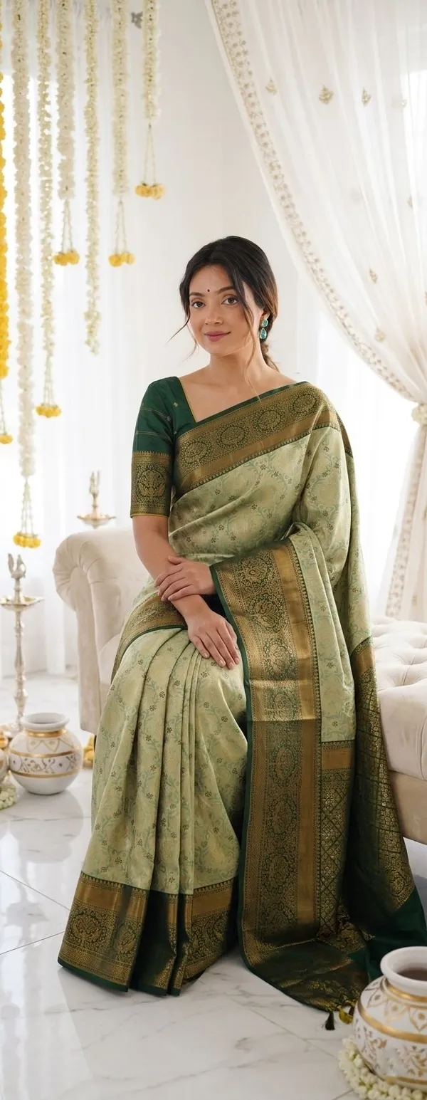 FLUIT_LESVETEMENTS_Woven_Banarasi_Pure_Silk_Saree_with_Unstitched_Blouse_(Light_Green)
