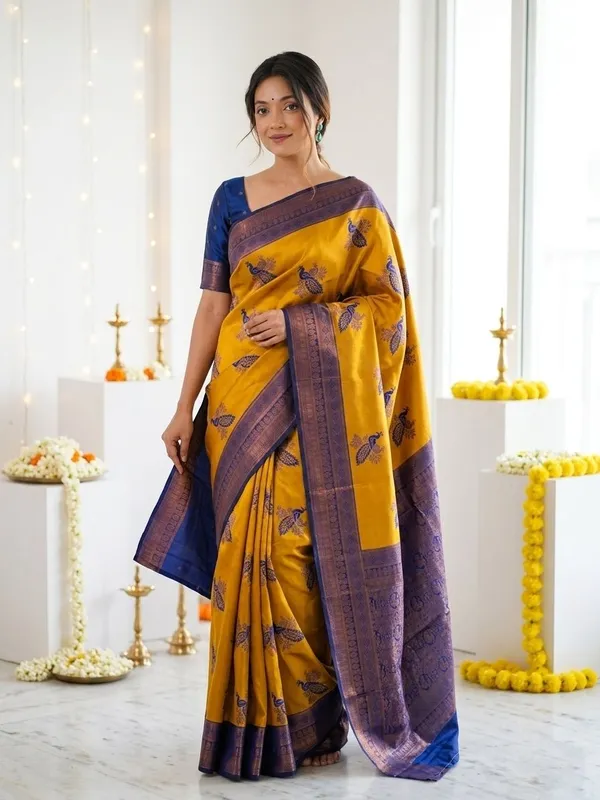 FLUIT_LESVETEMENTS_Animal_Print_Banarasi_Pure_Silk_Saree_with_Unstitched_Blouse_(Mustard)