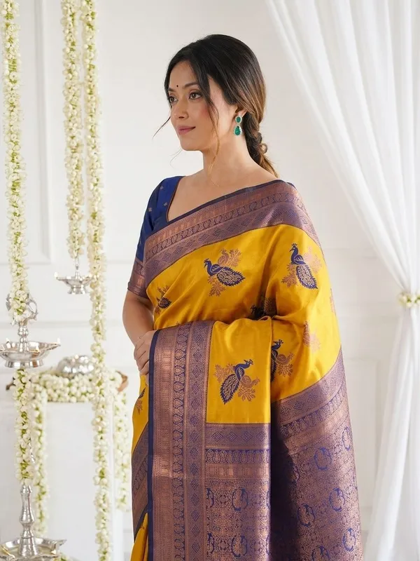FLUIT_LESVETEMENTS_Animal_Print_Banarasi_Pure_Silk_Saree_with_Unstitched_Blouse_(Mustard)