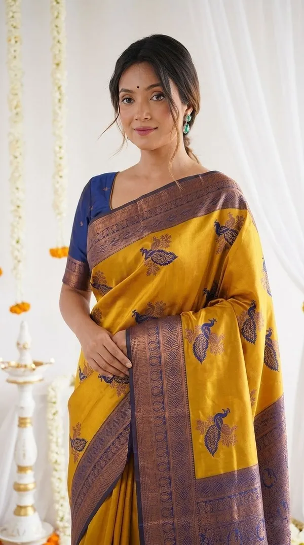 FLUIT_LESVETEMENTS_Animal_Print_Banarasi_Pure_Silk_Saree_with_Unstitched_Blouse_(Mustard)