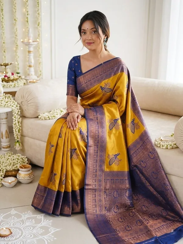 FLUIT_LESVETEMENTS_Animal_Print_Banarasi_Pure_Silk_Saree_with_Unstitched_Blouse_(Mustard)