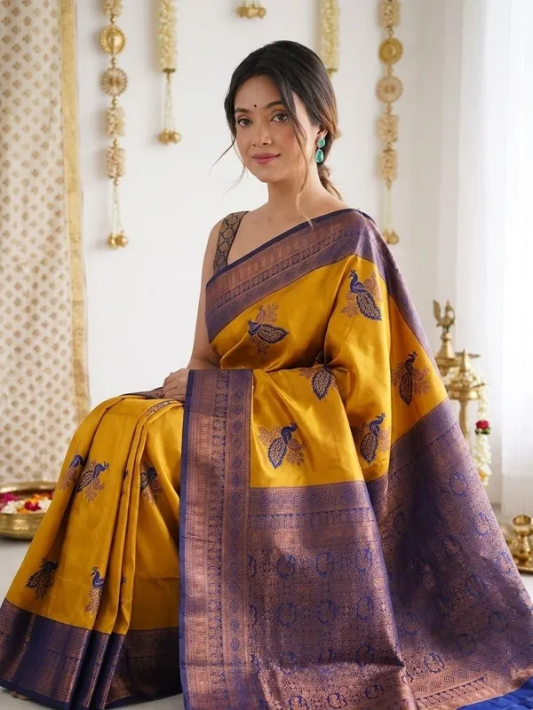 FLUIT_LESVETEMENTS_Animal_Print_Banarasi_Pure_Silk_Saree_with_Unstitched_Blouse_(Mustard)