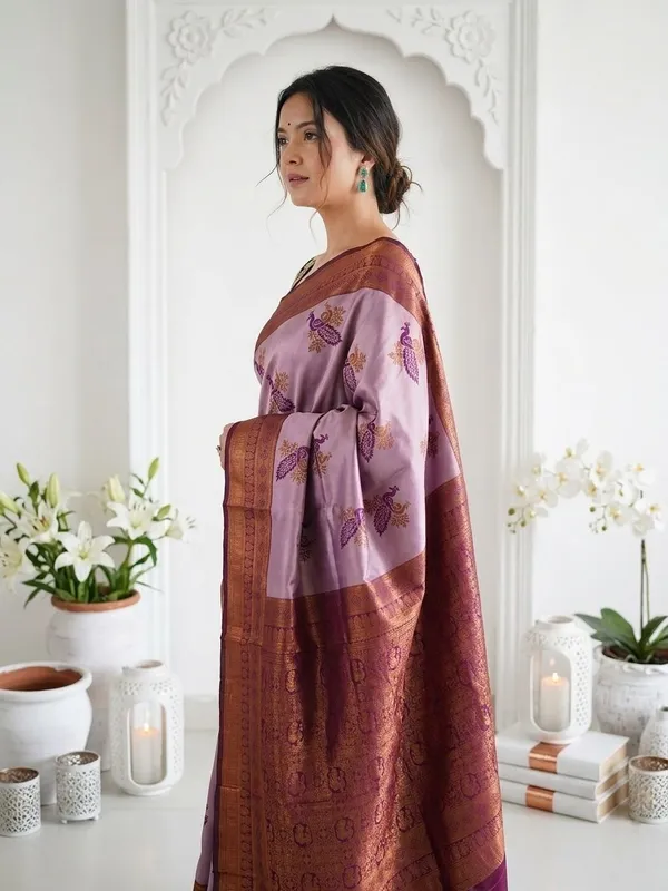 FLUIT_LESVETEMENTS_Animal_Print_Banarasi_Pure_Silk_Saree_with_Unstitched_Blouse_(Purple)
