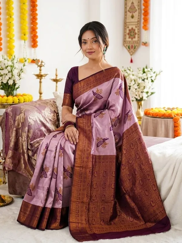 FLUIT_LESVETEMENTS_Animal_Print_Banarasi_Pure_Silk_Saree_with_Unstitched_Blouse_(Purple)