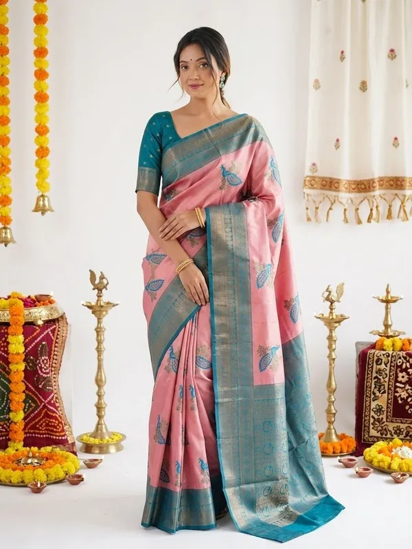 FLUIT_LESVETEMENTS_Animal_Print_Banarasi_Pure_Silk_Saree_with_Unstitched_Blouse_(Pink)