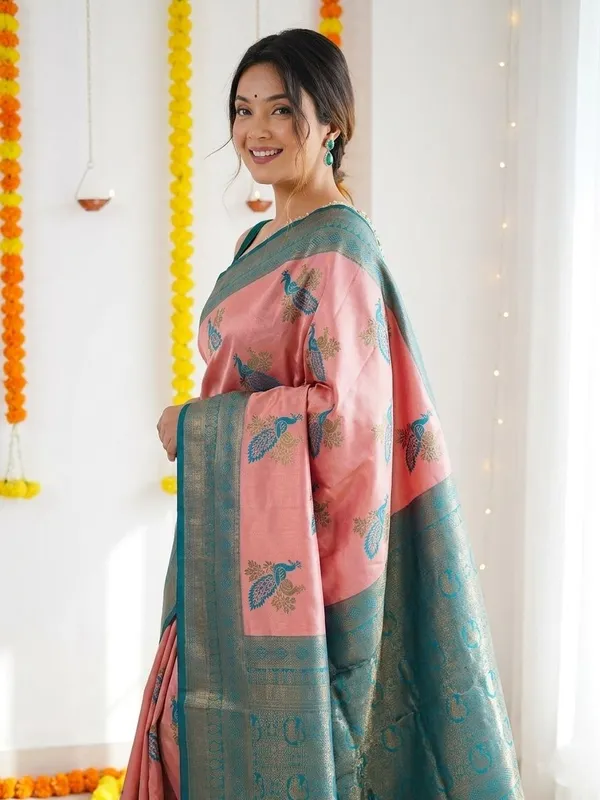 FLUIT_LESVETEMENTS_Animal_Print_Banarasi_Pure_Silk_Saree_with_Unstitched_Blouse_(Pink)
