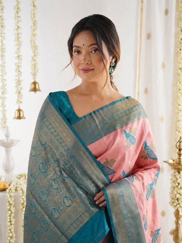 FLUIT_LESVETEMENTS_Animal_Print_Banarasi_Pure_Silk_Saree_with_Unstitched_Blouse_(Pink)