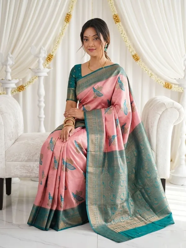 FLUIT_LESVETEMENTS_Animal_Print_Banarasi_Pure_Silk_Saree_with_Unstitched_Blouse_(Pink)