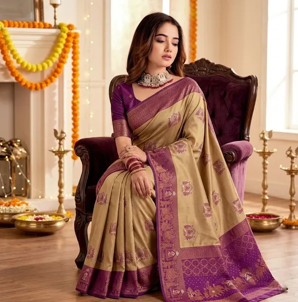 FLUIT_LESVETEMENTS_Woven_Banarasi_Pure_Silk_Saree_with_Unstitched_Blouse_(Beige)