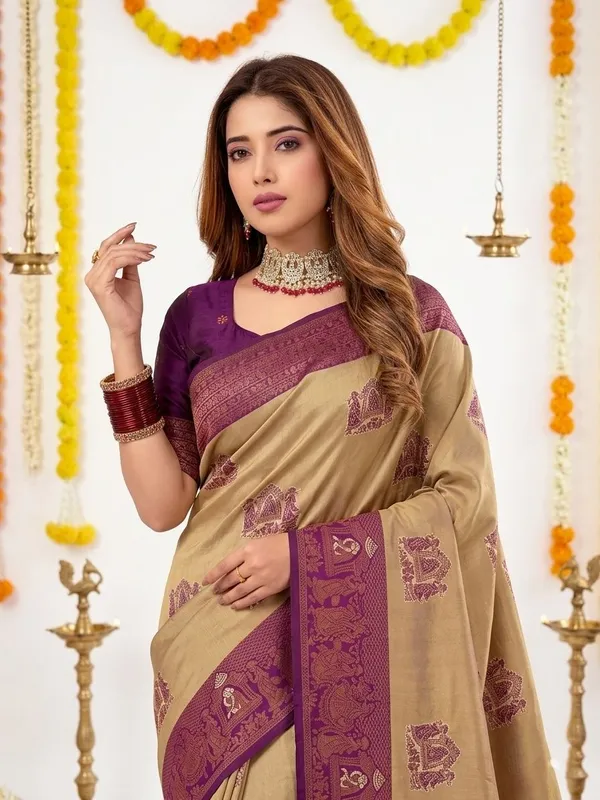FLUIT_LESVETEMENTS_Woven_Banarasi_Pure_Silk_Saree_with_Unstitched_Blouse_(Beige)