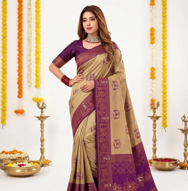 FLUIT_LESVETEMENTS_Woven_Banarasi_Pure_Silk_Saree_with_Unstitched_Blouse_(Beige)