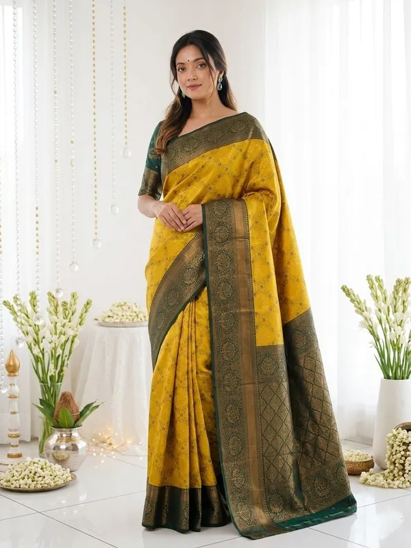 FLUIT_LESVETEMENTS_Woven_Banarasi_Pure_Silk_Saree_with_Unstitched_Blouse_(Mustard)