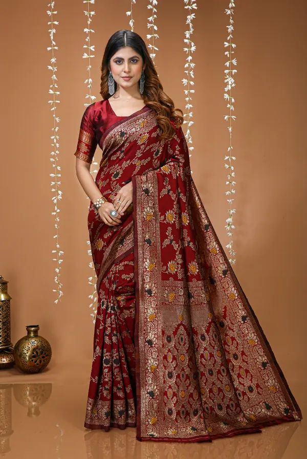 FLUIT_LESVETEMENTS_Embellished_Banarasi_Pure_Silk_Saree_with_Unstitched_Blouse_(Maroon)
