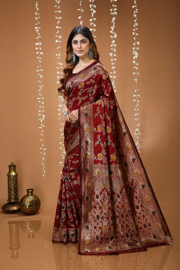 FLUIT_LESVETEMENTS_Embellished_Banarasi_Pure_Silk_Saree_with_Unstitched_Blouse_(Maroon)