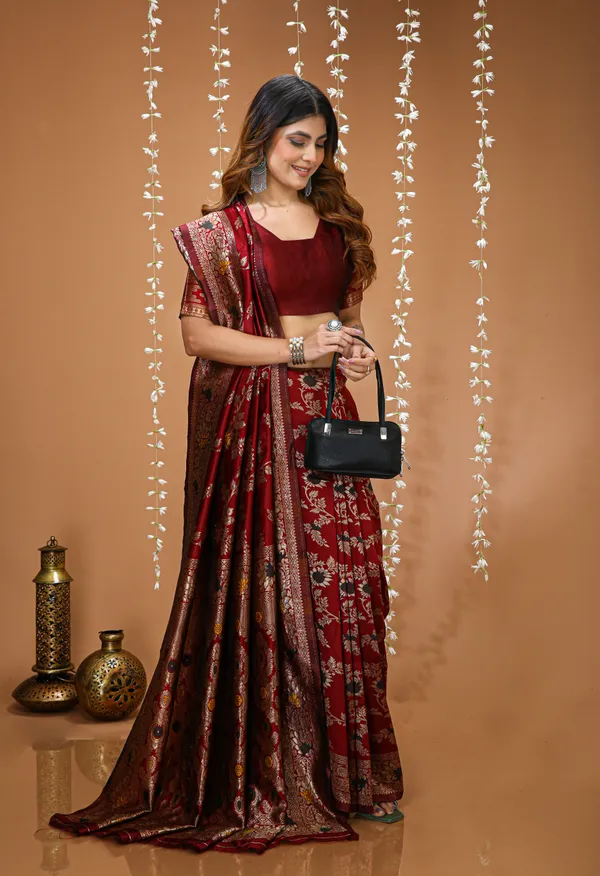 FLUIT_LESVETEMENTS_Embellished_Banarasi_Pure_Silk_Saree_with_Unstitched_Blouse_(Maroon)