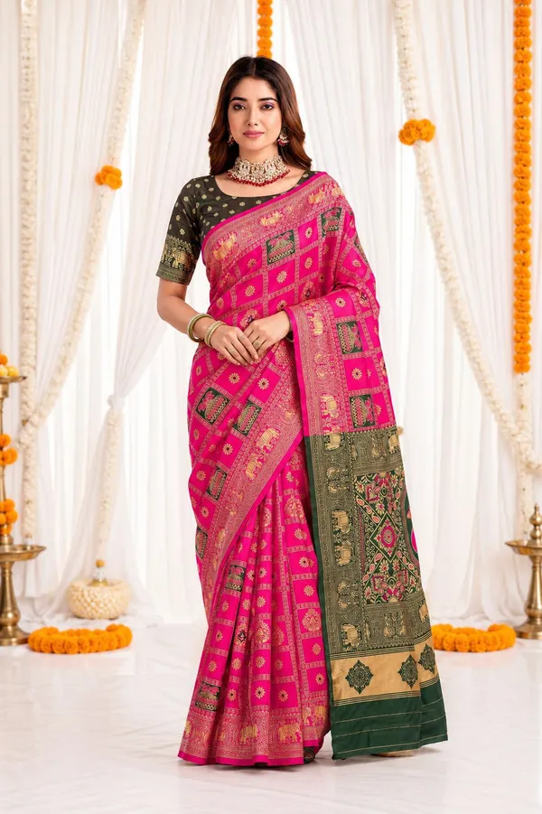 FLUIT_LESVETEMENTS_Woven_Banarasi_Pure_Silk_Saree_with_Unstitched_Blouse_(Pink)