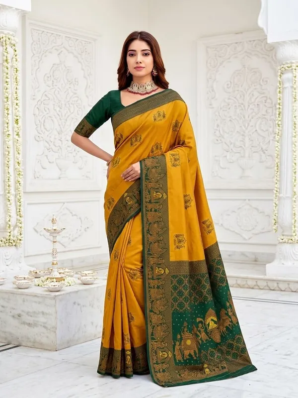 FLUIT_LESVETEMENTS_Woven_Banarasi_Pure_Silk_Saree_with_Unstitched_Blouse_(Mustard)