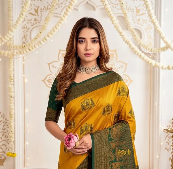 FLUIT_LESVETEMENTS_Woven_Banarasi_Pure_Silk_Saree_with_Unstitched_Blouse_(Mustard)