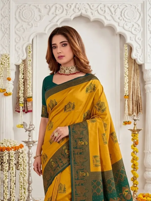 FLUIT_LESVETEMENTS_Woven_Banarasi_Pure_Silk_Saree_with_Unstitched_Blouse_(Mustard)