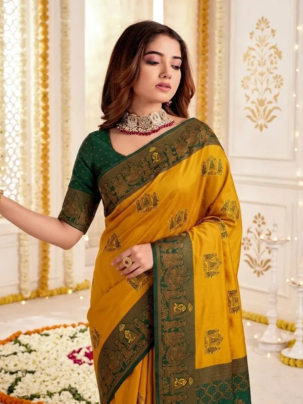 FLUIT_LESVETEMENTS_Woven_Banarasi_Pure_Silk_Saree_with_Unstitched_Blouse_(Mustard)