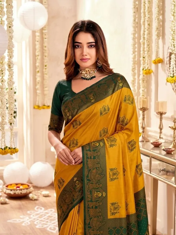 FLUIT_LESVETEMENTS_Woven_Banarasi_Pure_Silk_Saree_with_Unstitched_Blouse_(Mustard)