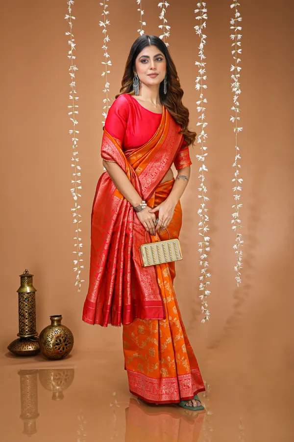 FLUIT_LESVETEMENTS_Checkered_Kanjivaram_Jacquard_Saree_with_Unstitched_Blouse_(Orange)