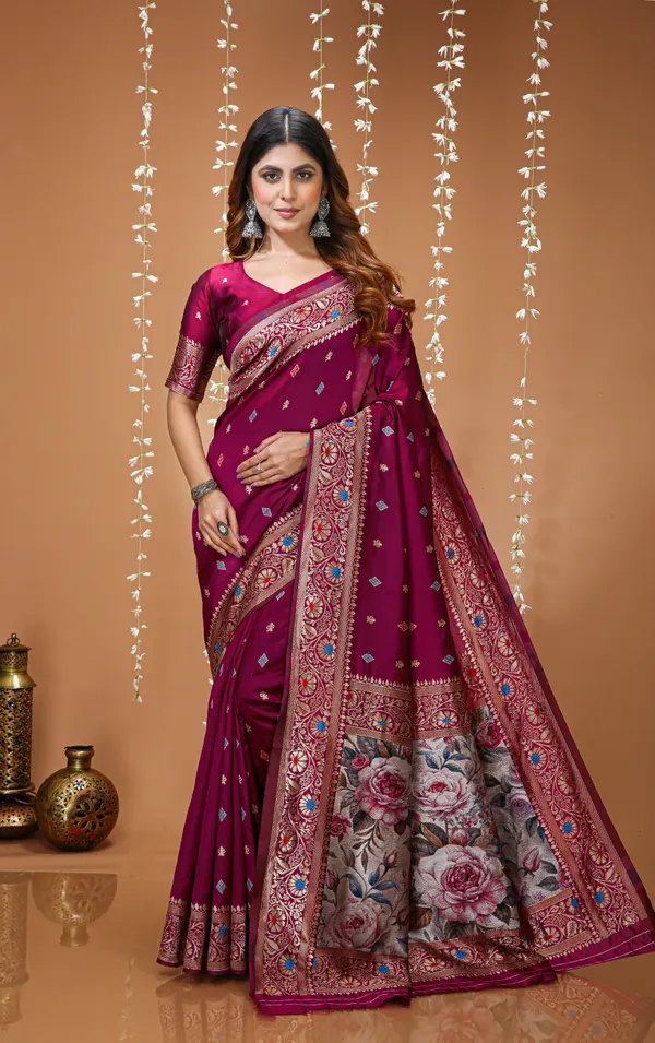 FLUIT_LESVETEMENTS_Floral_Print_Kanjivaram_Jacquard_Saree_with_Unstitched_Blouse_(Purple)