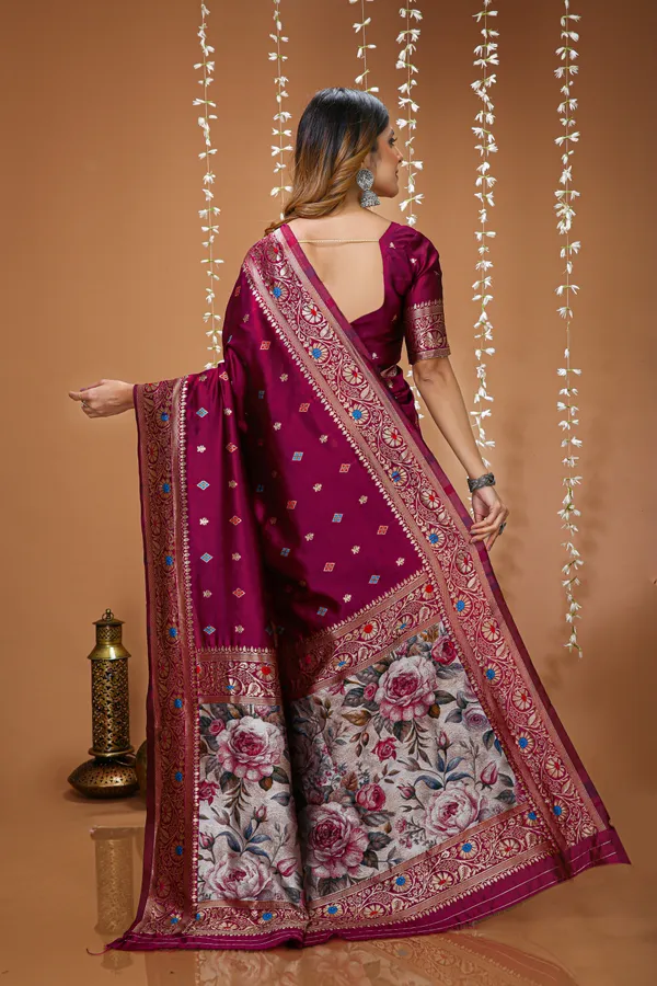 FLUIT_LESVETEMENTS_Floral_Print_Kanjivaram_Jacquard_Saree_with_Unstitched_Blouse_(Purple)