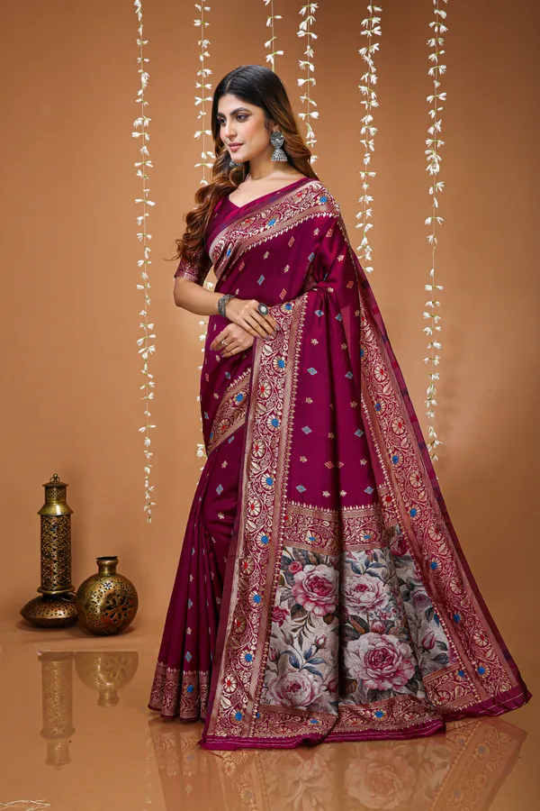 FLUIT_LESVETEMENTS_Floral_Print_Kanjivaram_Jacquard_Saree_with_Unstitched_Blouse_(Purple)