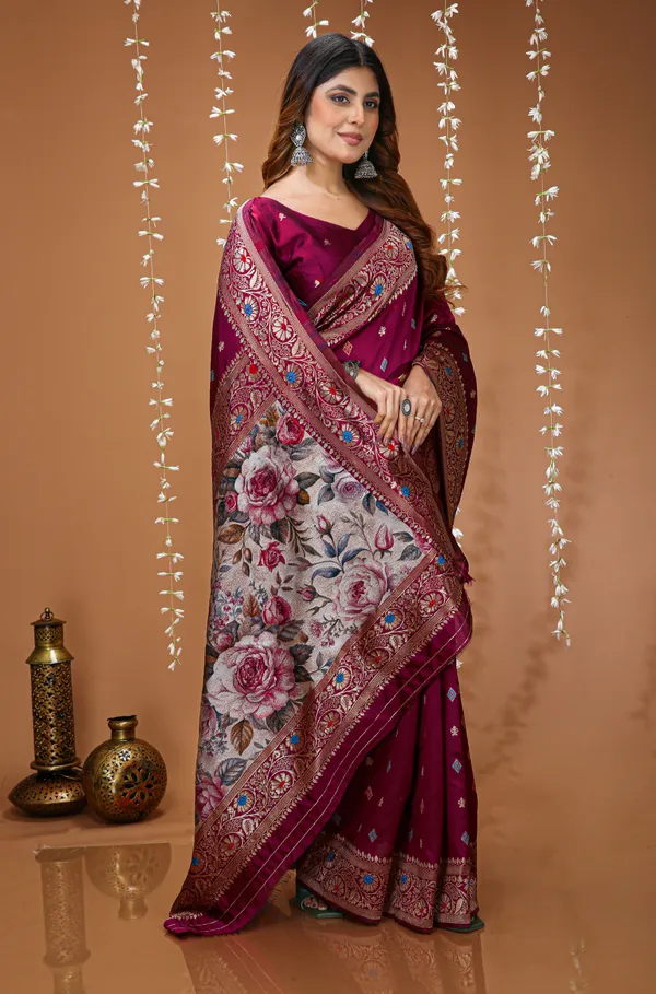 FLUIT_LESVETEMENTS_Floral_Print_Kanjivaram_Jacquard_Saree_with_Unstitched_Blouse_(Purple)
