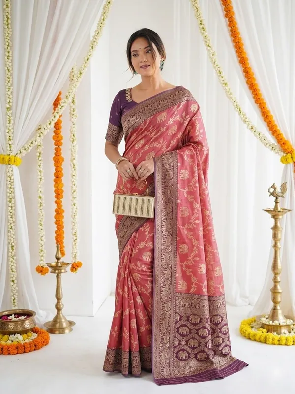 FLUIT_LESVETEMENTS_Checkered_Kanjivaram_Jacquard_Saree_with_Unstitched_Blouse_(Pink)