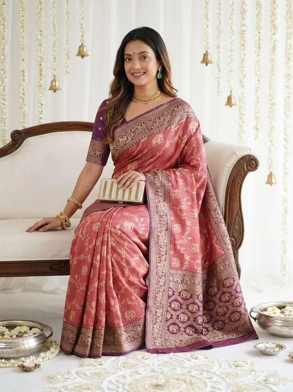 FLUIT_LESVETEMENTS_Checkered_Kanjivaram_Jacquard_Saree_with_Unstitched_Blouse_(Pink)