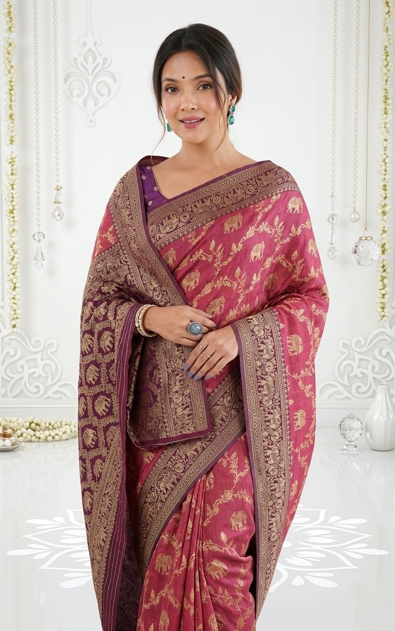 FLUIT_LESVETEMENTS_Checkered_Kanjivaram_Jacquard_Saree_with_Unstitched_Blouse_(Pink)