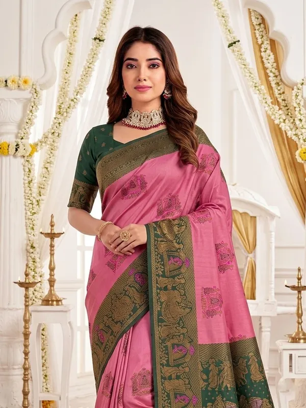 FLUIT_LESVETEMENTS_Woven_Banarasi_Pure_Silk_Saree_with_Unstitched_Blouse_(Pink)