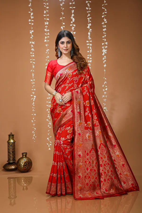 FLUIT_LESVETEMENTS_Embellished_Banarasi_Pure_Silk_Saree_with_Unstitched_Blouse_(Red)