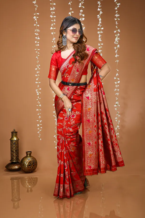 FLUIT_LESVETEMENTS_Embellished_Banarasi_Pure_Silk_Saree_with_Unstitched_Blouse_(Red)