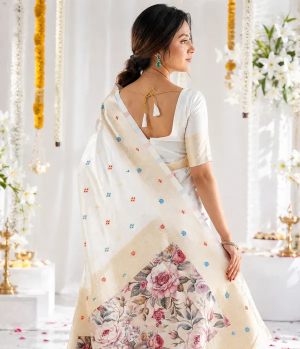 FLUIT_LESVETEMENTS_Floral_Print_Kanjivaram_Jacquard_Saree_with_Unstitched_Blouse_(White)