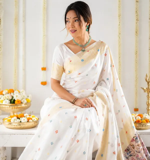 FLUIT_LESVETEMENTS_Floral_Print_Kanjivaram_Jacquard_Saree_with_Unstitched_Blouse_(White)