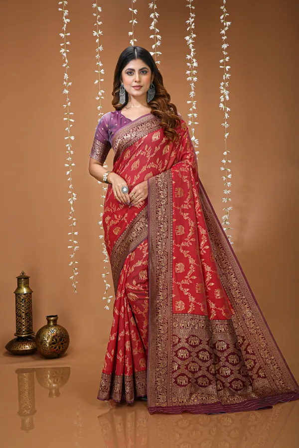 FLUIT_LESVETEMENTS_Checkered_Kanjivaram_Jacquard_Saree_with_Unstitched_Blouse_(Red)