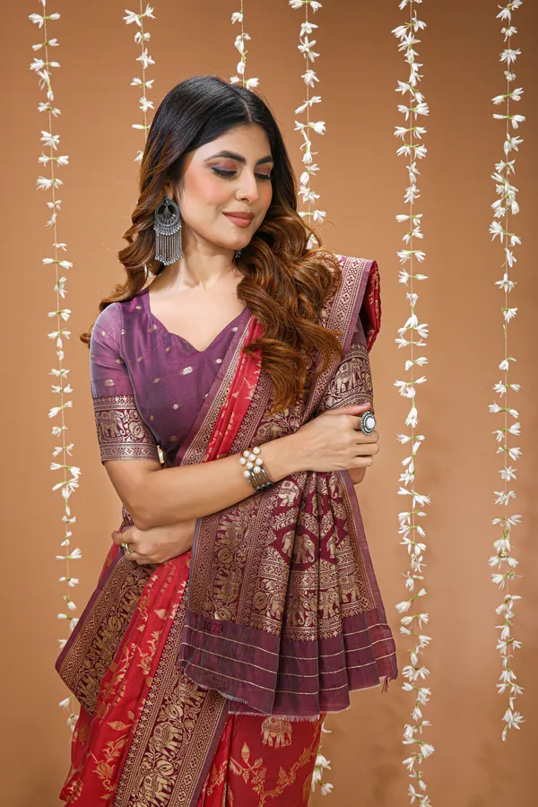 FLUIT_LESVETEMENTS_Checkered_Kanjivaram_Jacquard_Saree_with_Unstitched_Blouse_(Red)