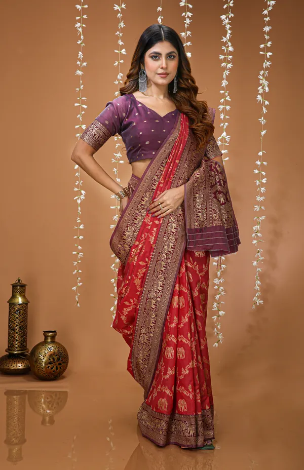 FLUIT_LESVETEMENTS_Checkered_Kanjivaram_Jacquard_Saree_with_Unstitched_Blouse_(Red)
