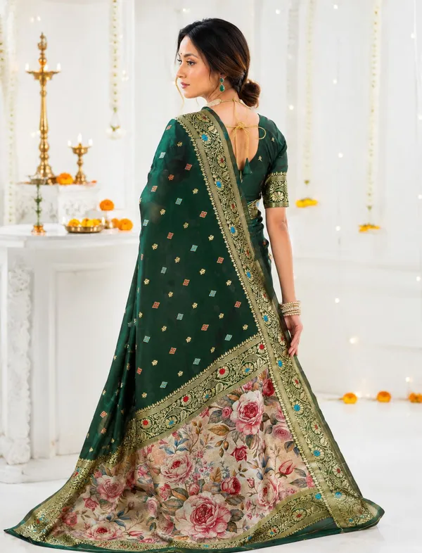 FLUIT_LESVETEMENTS_Floral_Print_Kanjivaram_Jacquard_Saree_with_Unstitched_Blouse_(Dark_Green)