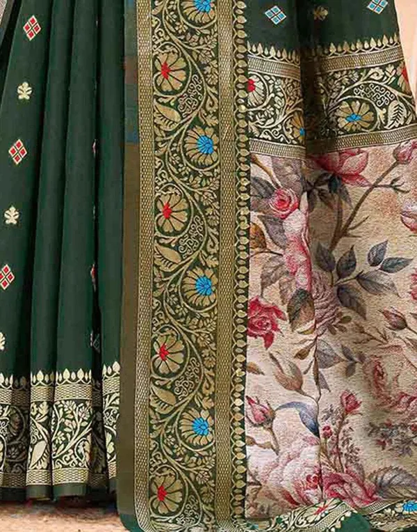 FLUIT_LESVETEMENTS_Floral_Print_Kanjivaram_Jacquard_Saree_with_Unstitched_Blouse_(Dark_Green)