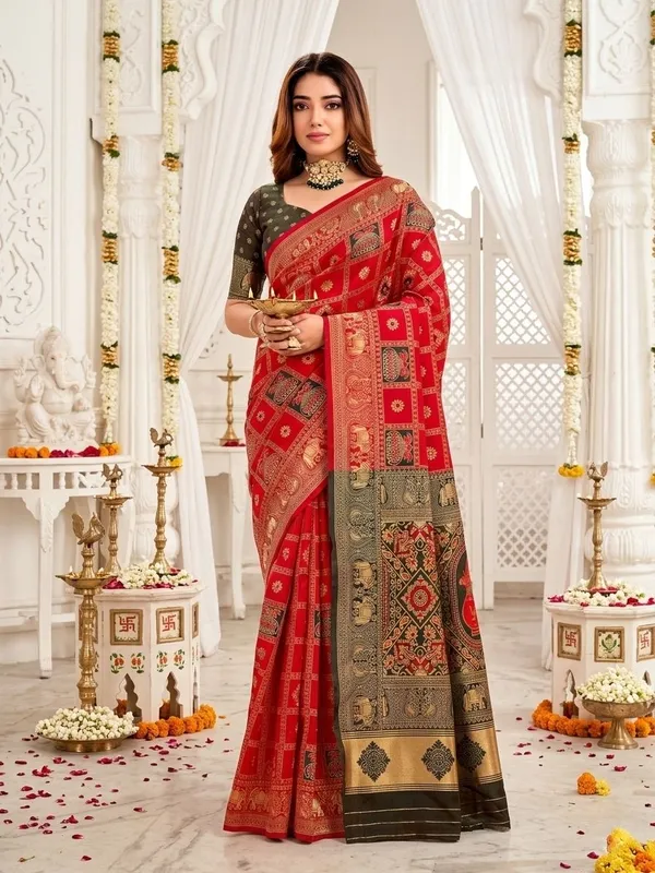 FLUIT_LESVETEMENTS_Woven_Banarasi_Pure_Silk_Saree_with_Unstitched_Blouse_(Red)