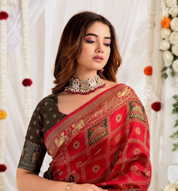 FLUIT_LESVETEMENTS_Woven_Banarasi_Pure_Silk_Saree_with_Unstitched_Blouse_(Red)
