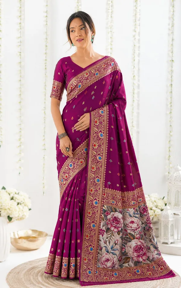FLUIT_LESVETEMENTS_Floral_Print_Kanjivaram_Jacquard_Saree_with_Unstitched_Blouse_(Magenta)