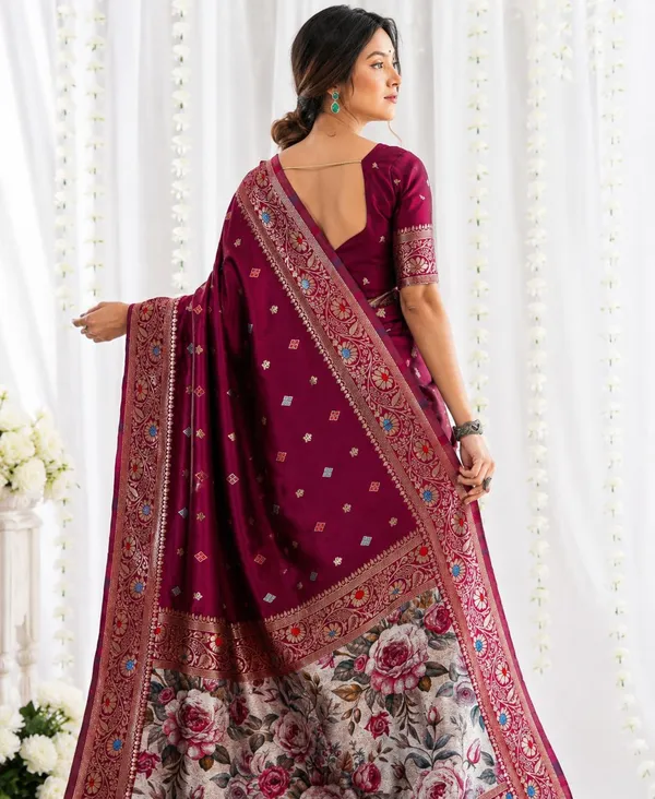FLUIT_LESVETEMENTS_Floral_Print_Kanjivaram_Jacquard_Saree_with_Unstitched_Blouse_(Magenta)