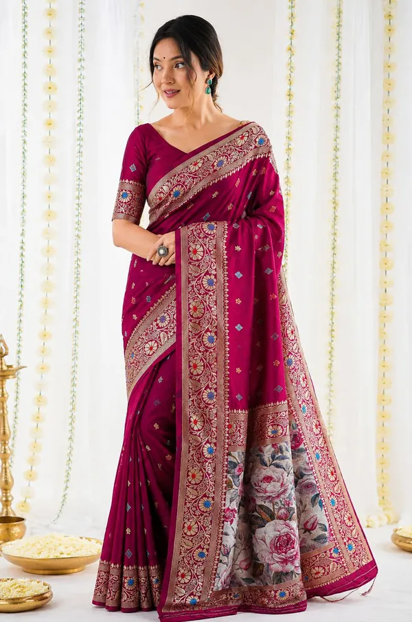 FLUIT_LESVETEMENTS_Floral_Print_Kanjivaram_Jacquard_Saree_with_Unstitched_Blouse_(Magenta)