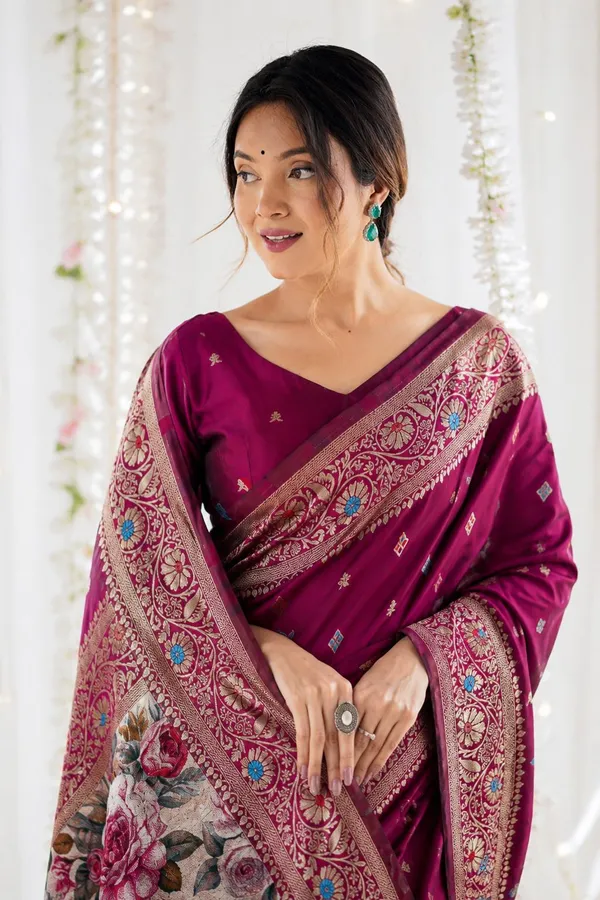 FLUIT_LESVETEMENTS_Floral_Print_Kanjivaram_Jacquard_Saree_with_Unstitched_Blouse_(Magenta)