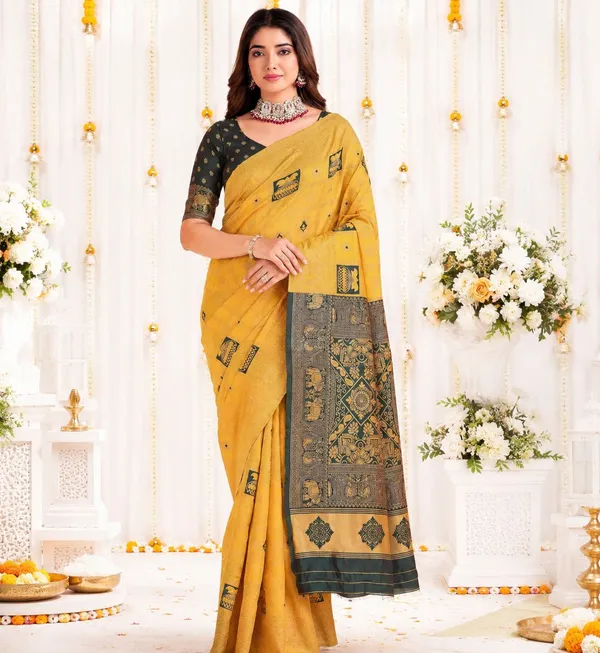 FLUIT_LESVETEMENTS_Woven_Banarasi_Pure_Silk_Saree_with_Unstitched_Blouse_(Yellow)